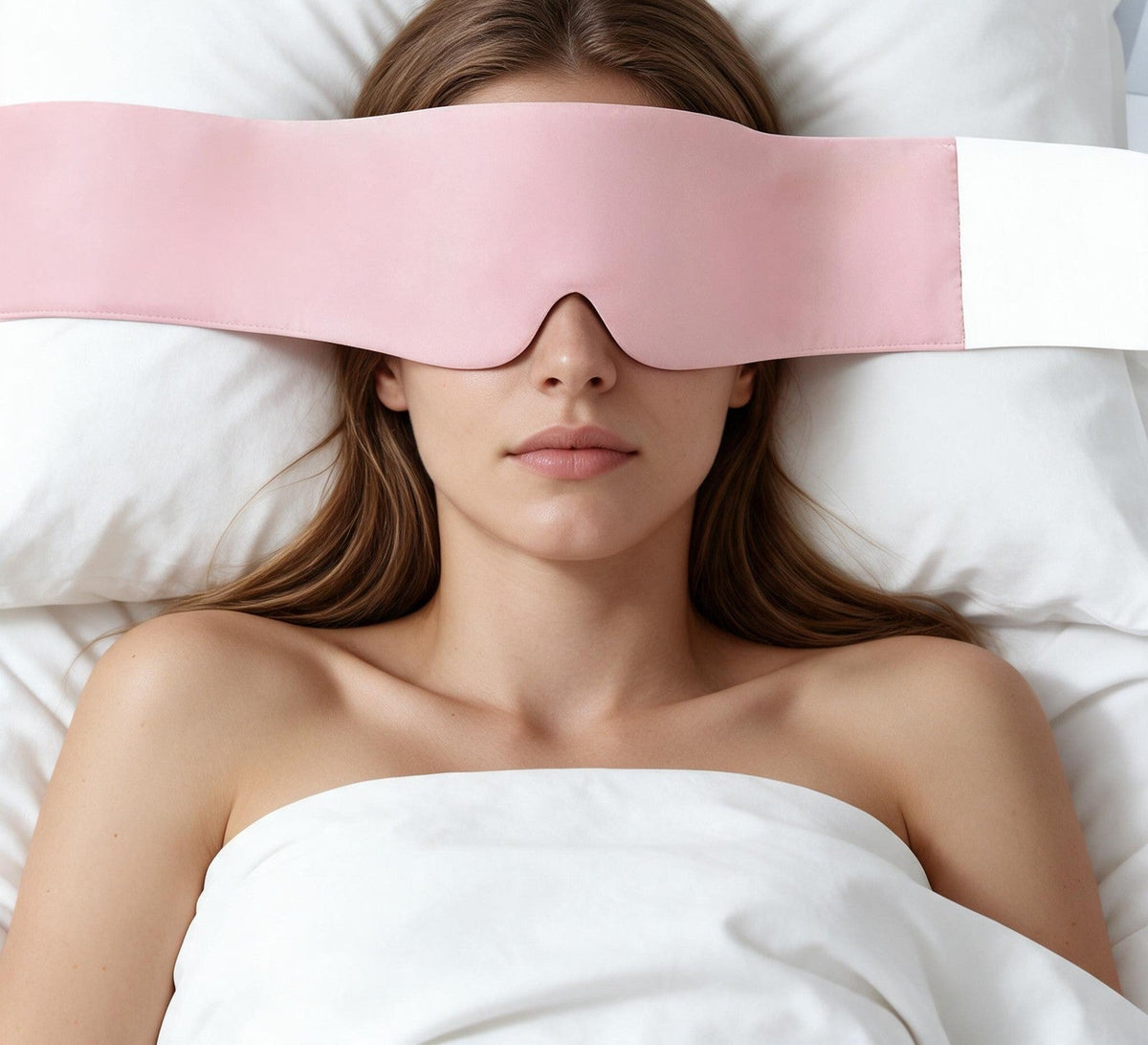 Woman wearing the Nocwell Deep 250 weighted sleep mask in Blush