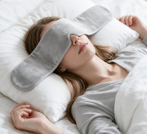 Woman wearing the Nocwell Deep 250 weighted sleep mask in Slate Grey