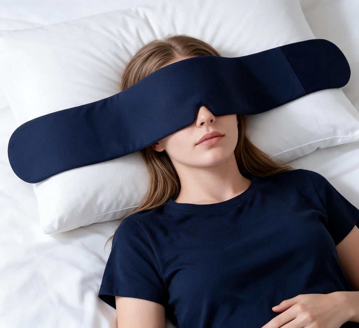 Woman sleeping wearing the Nocwell Deep 250 navy weighted sleep mask