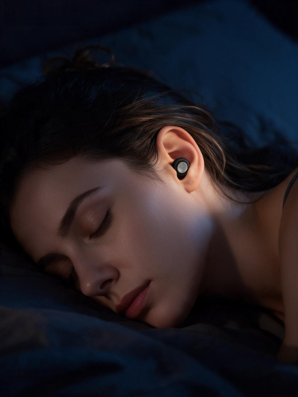 Side sleeper wearing Nocwell Quiet earplug at night